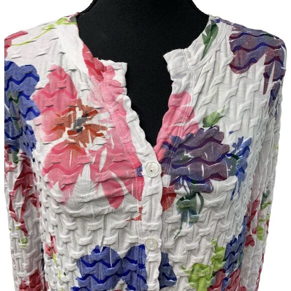 CUBISM Blouse Button Up Floral On White Long Sleeve Ruched - Picture 3 of 10